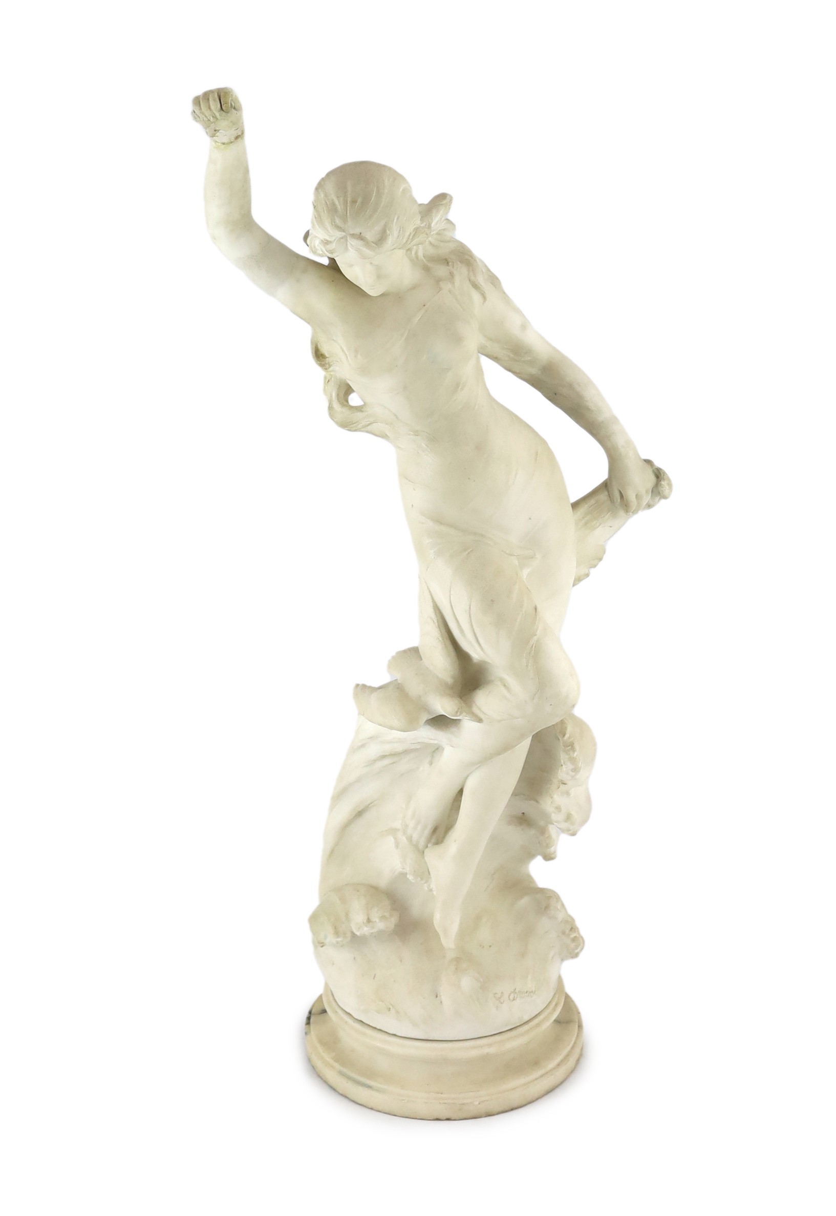 An early 20th century Continental carved white marble figure of a sea nymph riding the waves 79cm high